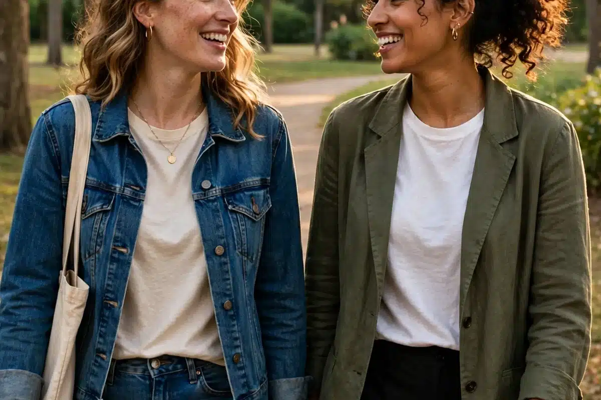 Photo of two women friends walking together along a tree-lined park path in warm afternoon light, talking and smiling gently, supportive companionship