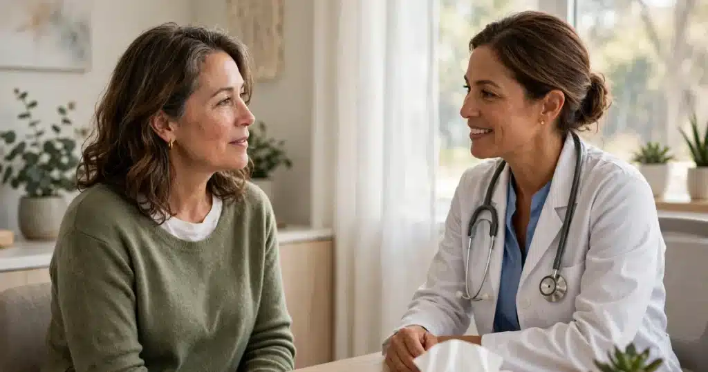 Photo of a woman in her early 50s talking with her doctor in a bright clinic office about her pathology results, calm and engaged, natural window light