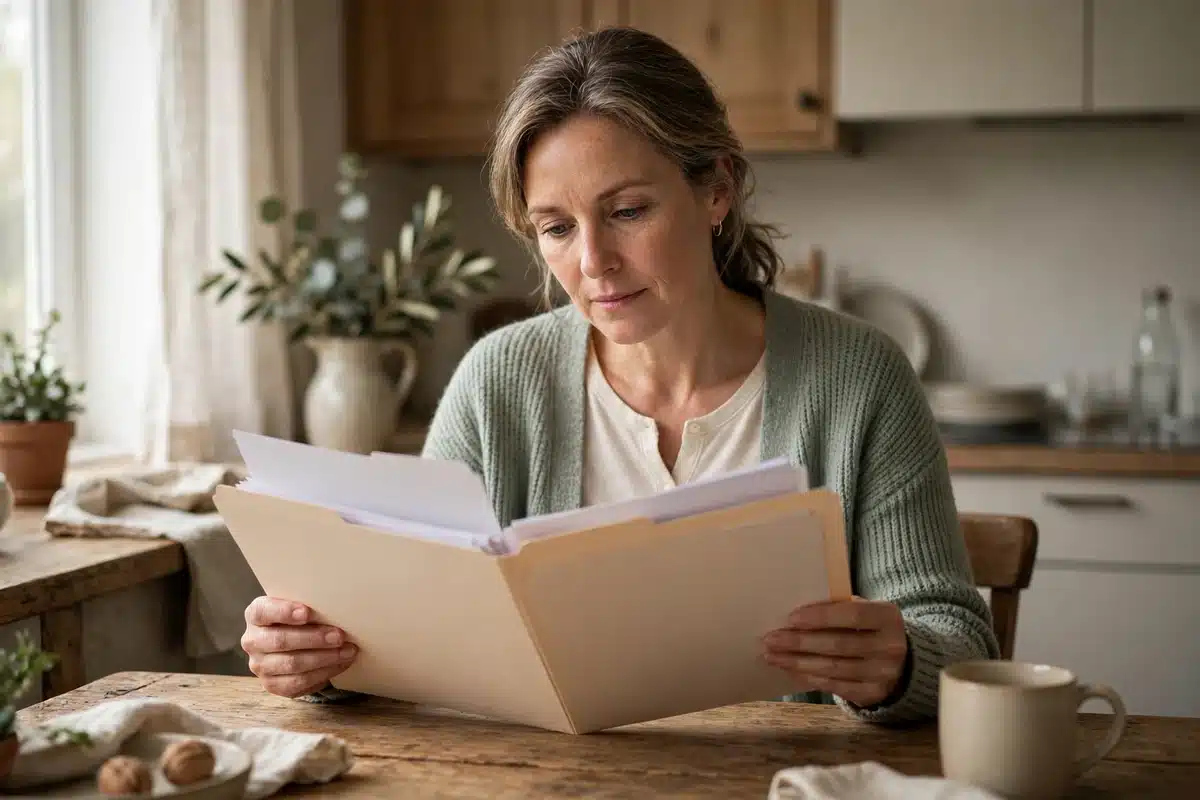 Photo of a woman in her early 50s at home reading through a folder of plain blank papers at her kitchen table, thoughtful and calm, soft morning daylight