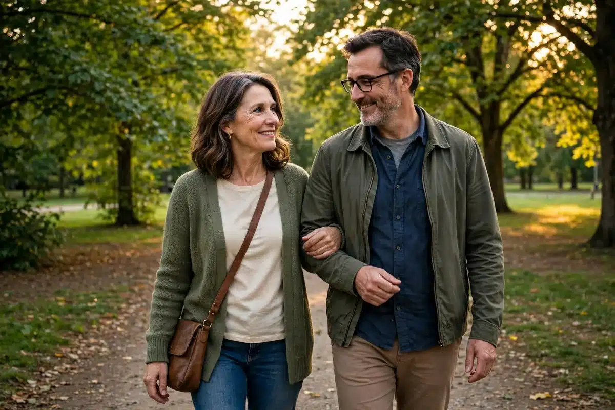 Photo of a woman in her early 50s walking in a leafy park with her partner in warm afternoon light, both relaxed and smiling gently