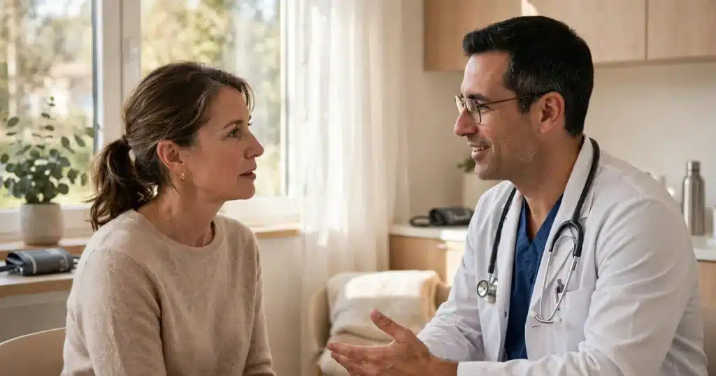 Photo of a woman in her early 50s talking with her doctor in a bright clinic office about her pathology results, calm and engaged, natural window light