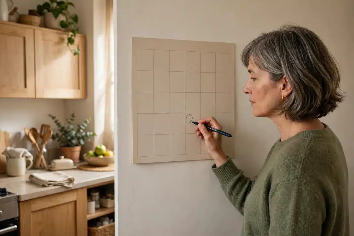 Photo of a woman in her 50s marking dates on a plain wall calendar at home in soft morning light, calm and organised