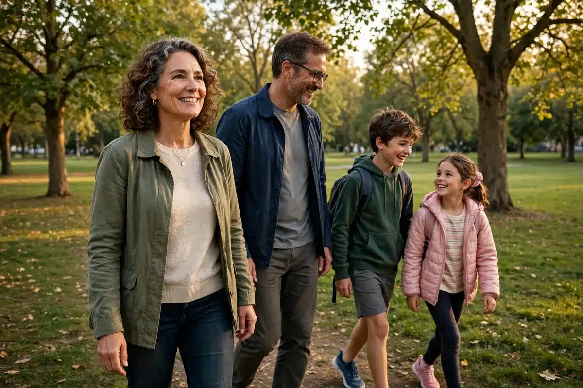 Photo of a woman in her 50s enjoying a gentle walk with her family in a leafy park in warm afternoon light