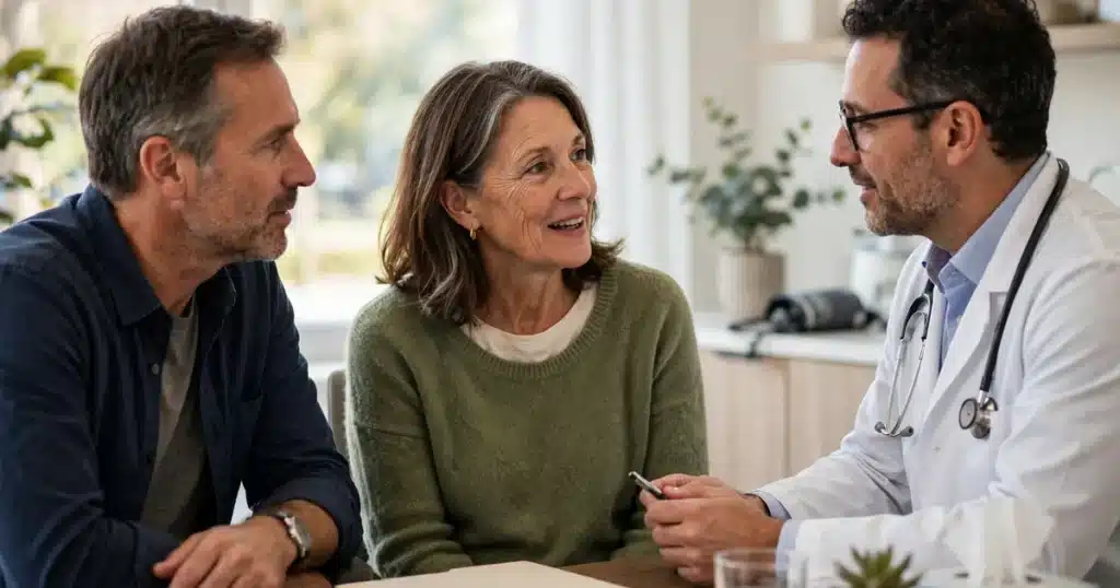 Photo of a woman in her 50s talking with her oncologist in a bright clinic office about her ongoing treatment plan, her partner beside her