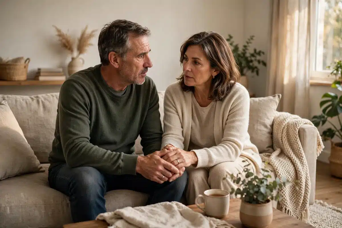 Photo of a man and his wife sitting close together on a sofa at home, holding hands as they talk