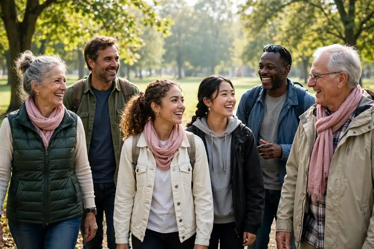 Photo of a mixed group of men and women walking together at an outdoor community awareness event, several wearing soft pink scarves