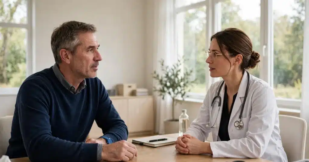 Photo of a man in his 50s talking with his doctor across a desk in a bright clinic office