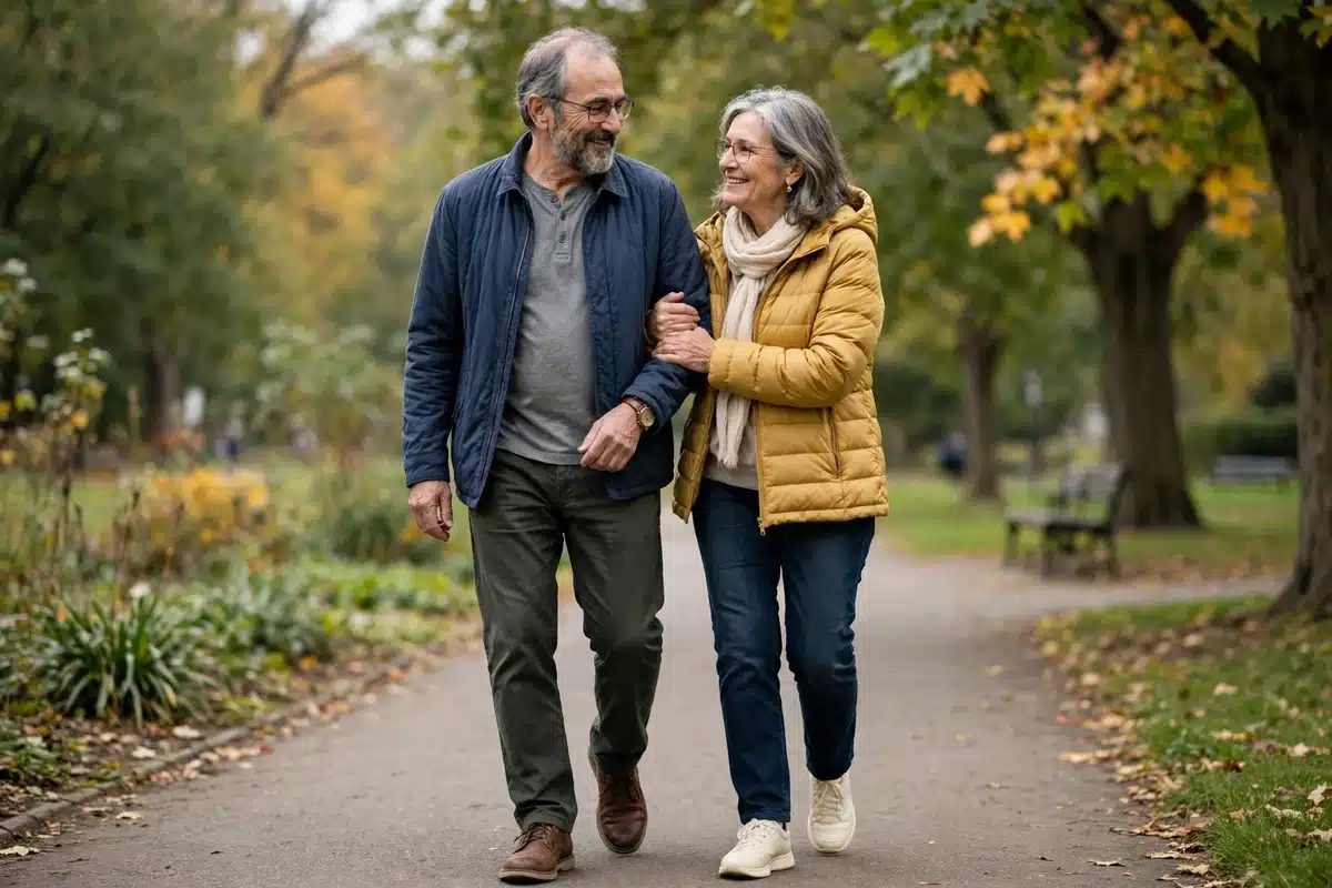 Photo of a man in his 60s walking with his wife in a park, supportive, soft daylight