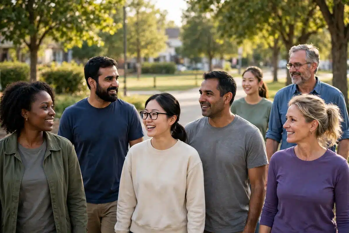 Photo of a diverse group of men and women walking together outdoors at a community awareness walk in warm daylight, plain clothing with no words or symbols