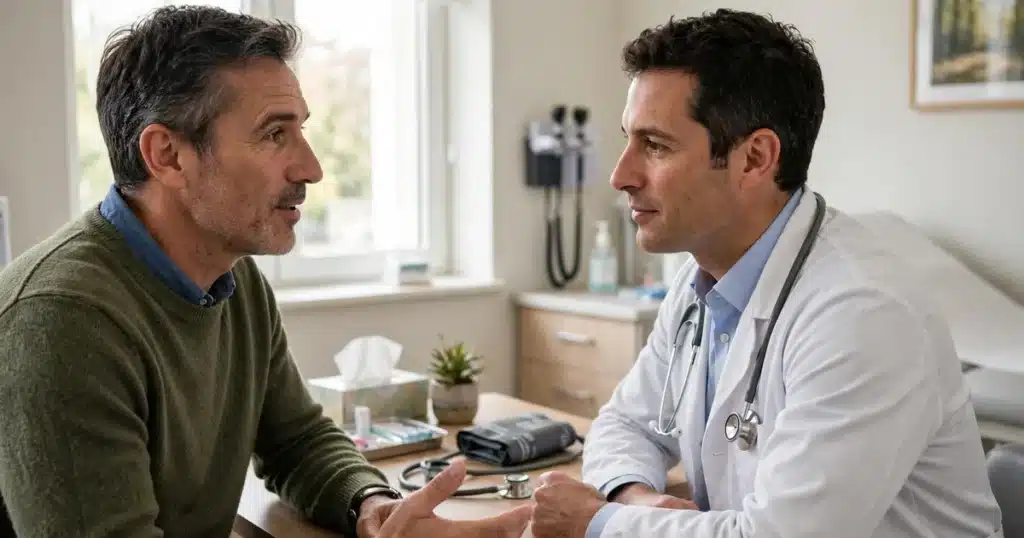 Photo of a man in his 50s talking with a male doctor in a bright clinic consultation room, calm and engaged, natural window light