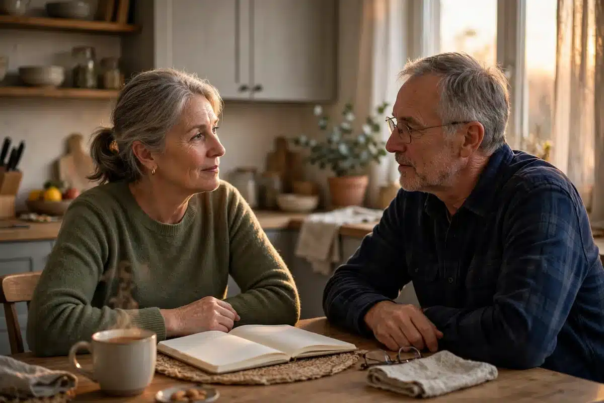 Photo of a man in his 60s and his wife sitting at their kitchen table at home, talking through a decision together with a notebook open