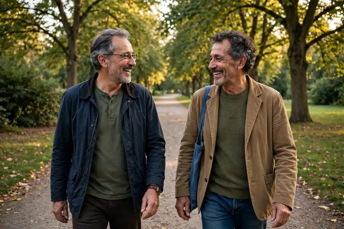 Photo of a man in his 60s walking along a tree-lined park path with a close friend in warm afternoon light