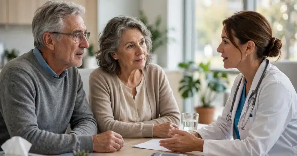 Photo of a man in his 60s and his wife talking with a doctor across a desk in a bright clinic office about his treatment plan