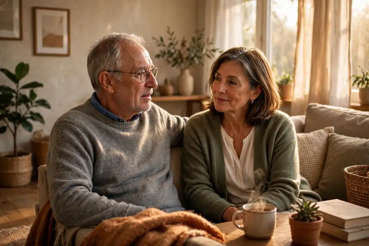 Photo of a man in his 60s sitting on a sofa at home talking with his wife, thoughtful and calm