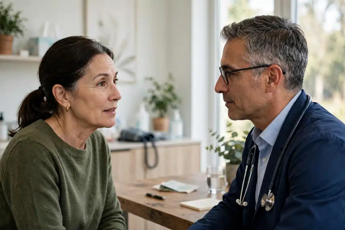 Photo of a woman in her 50s talking with her doctor across a desk in a bright clinic office