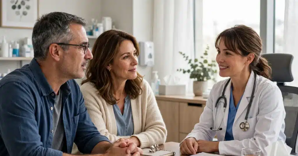 Photo of a couple in their 50s, a man and his wife, talking with a female doctor across a desk in a bright clinic office