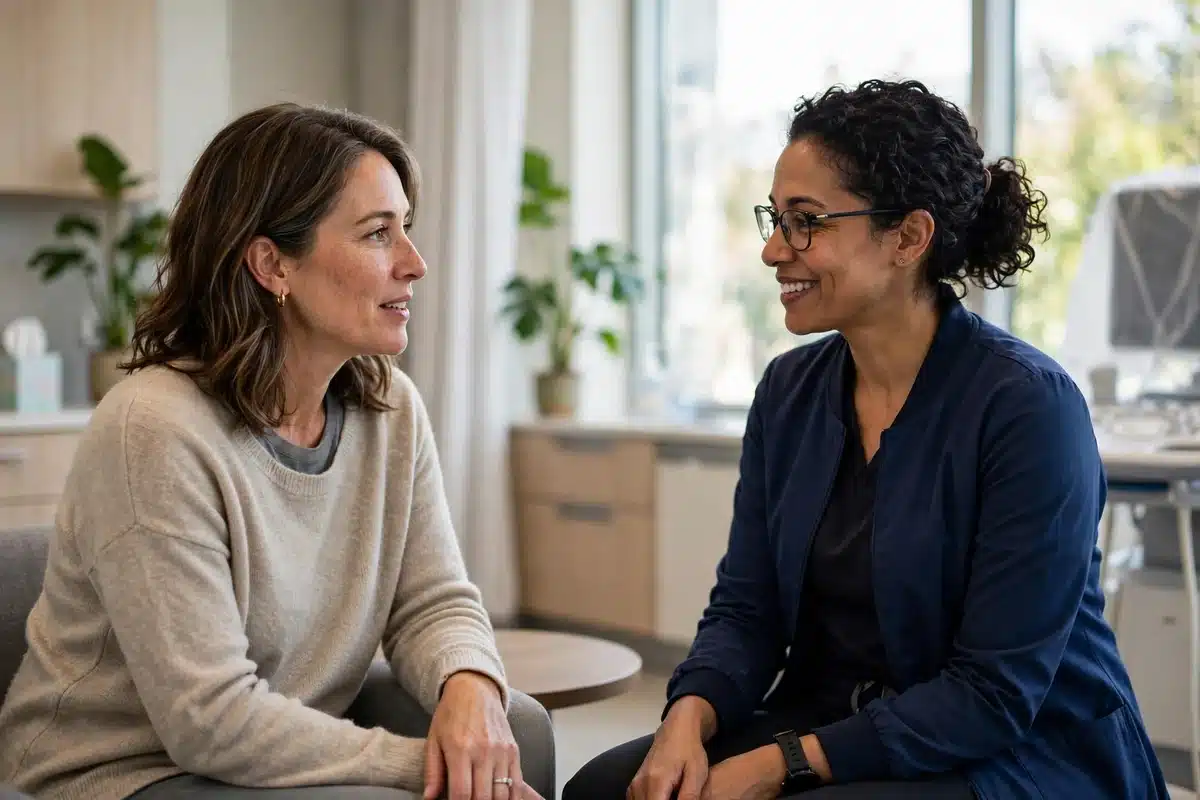 Photo of a woman in her 40s talking with an imaging specialist in a bright clinic room before her mammogram appointment