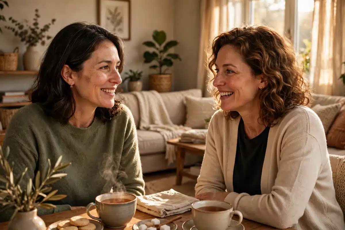 Photo of a woman in her 40s sitting at home with a close friend, talking over cups of tea in warm afternoon light