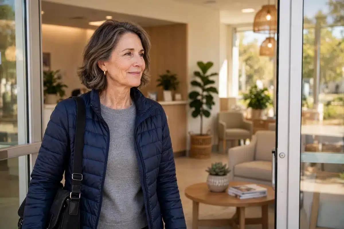 Photo of a woman in her 50s leaving a bright breast imaging center reception area, calm and reassured, warm natural light