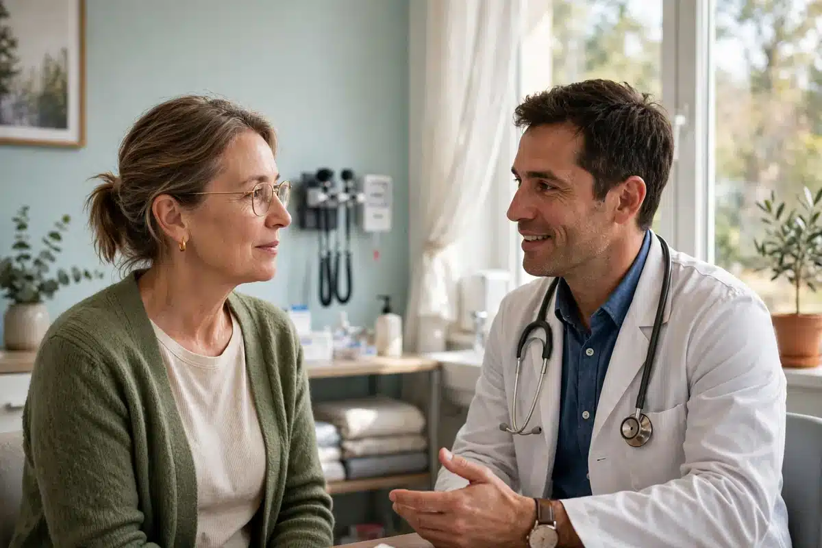 Photo of a woman in her 50s talking with her doctor in a bright clinic office about screening, calm and engaged, natural window light