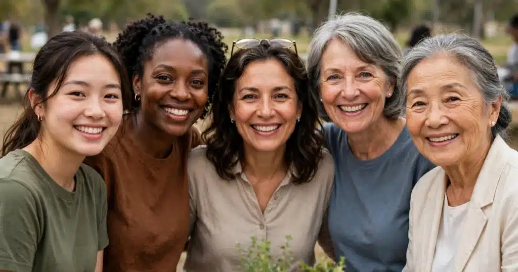 Photo of a group of women of different ages at an outdoor community health event, smiling warmly in soft daylight, plain clothing with no words or symbols