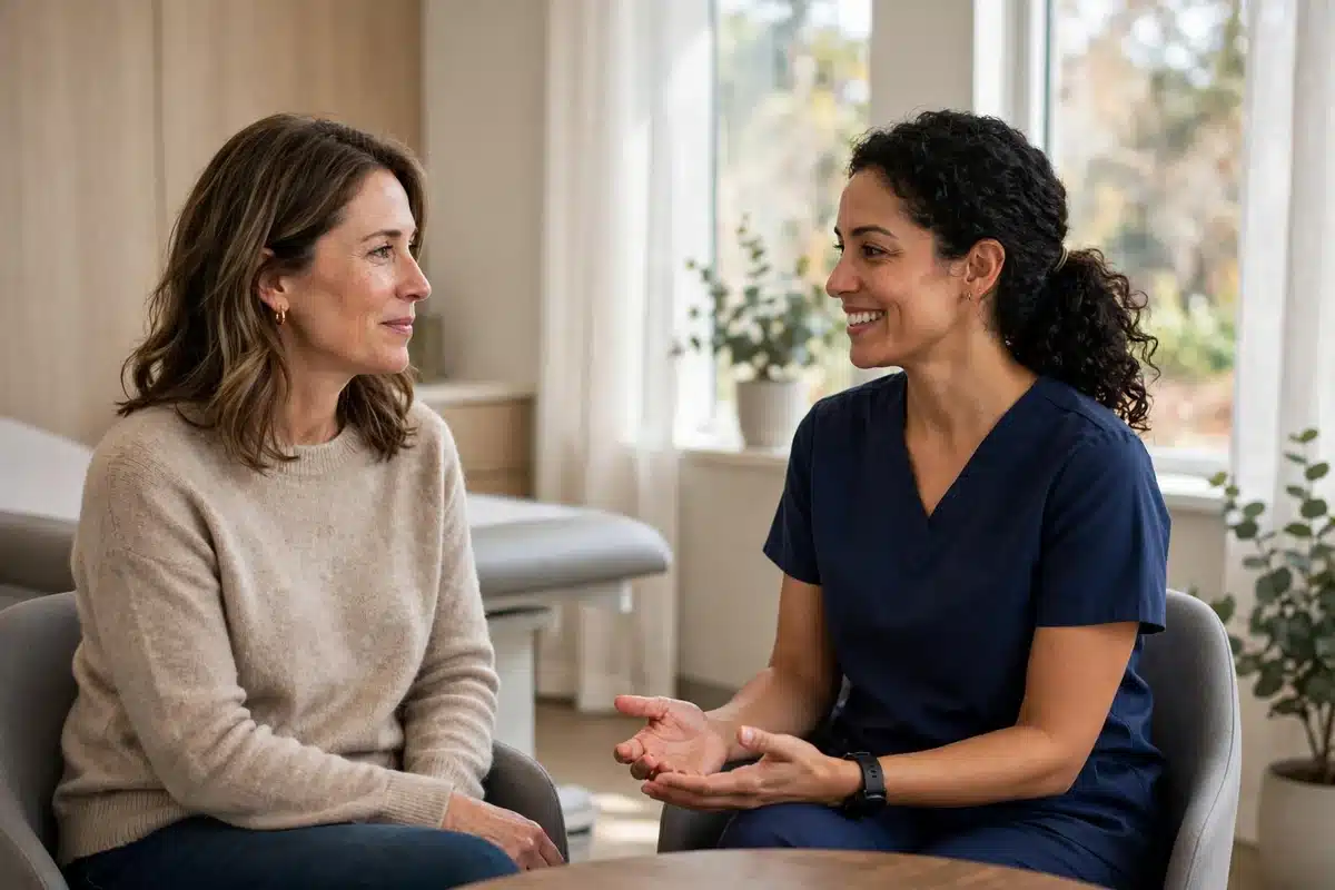 Photo of a woman in her 40s talking with an imaging specialist in a bright clinic room before her appointment