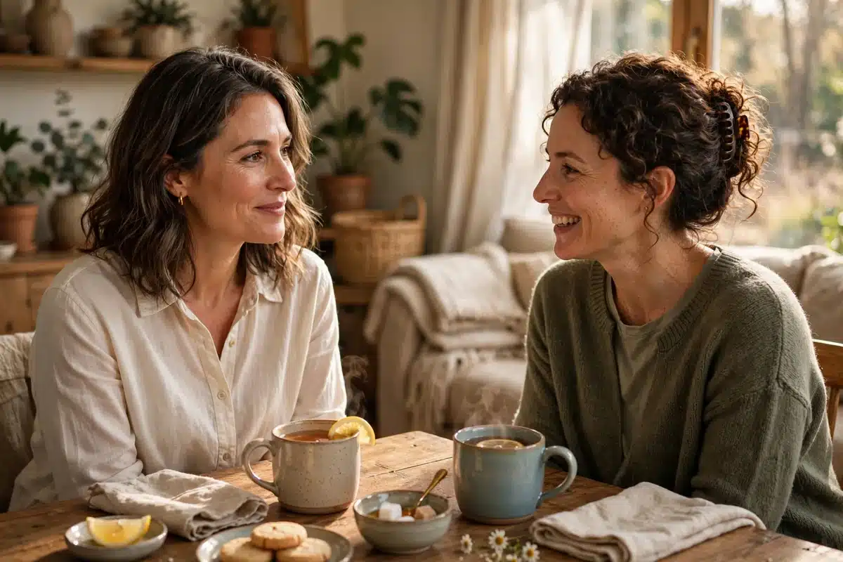 Photo of a woman in her 40s sitting at home with a close friend, talking over cups of tea in warm afternoon light