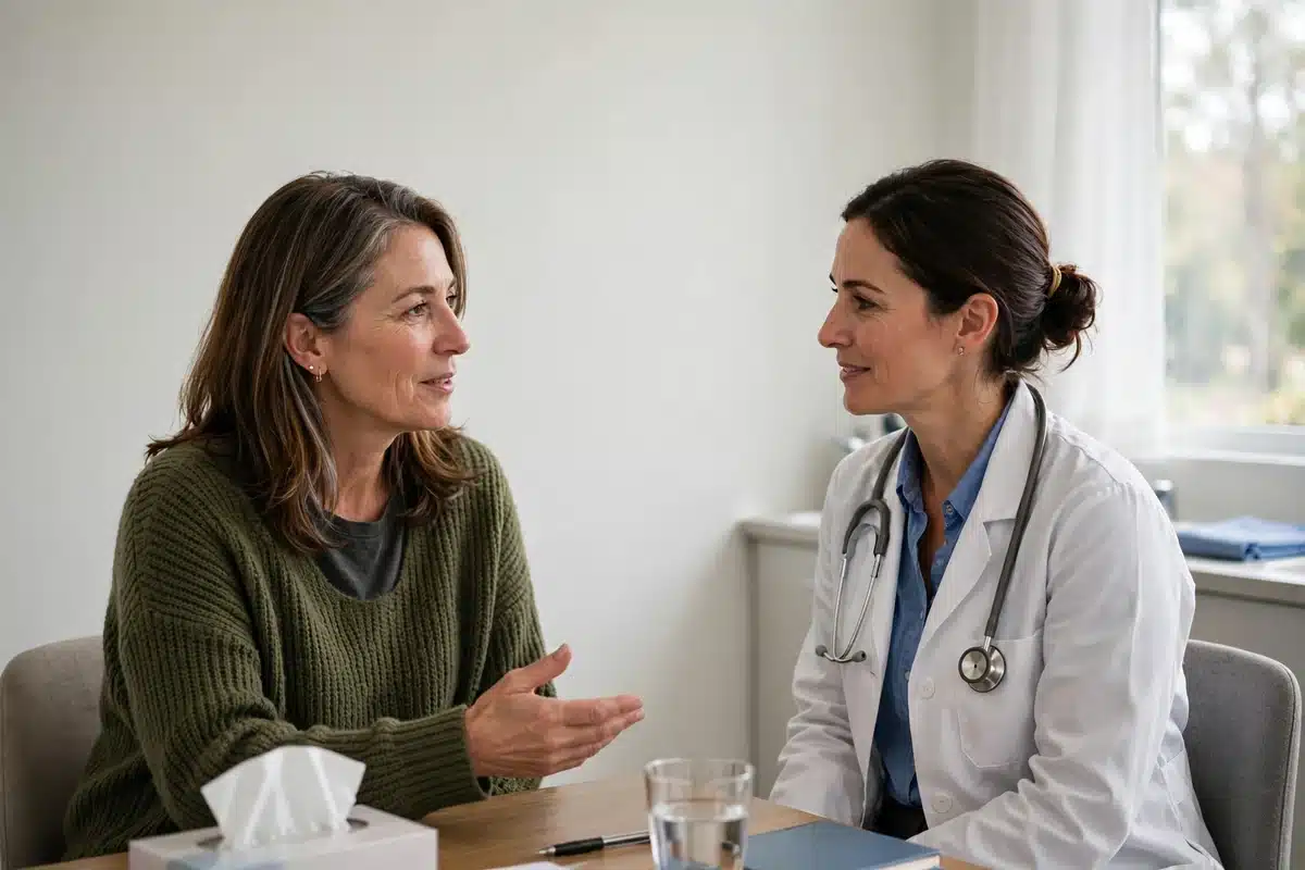 Photo of a woman talking with her doctor after a follow-up mammogram in a bright consultation room