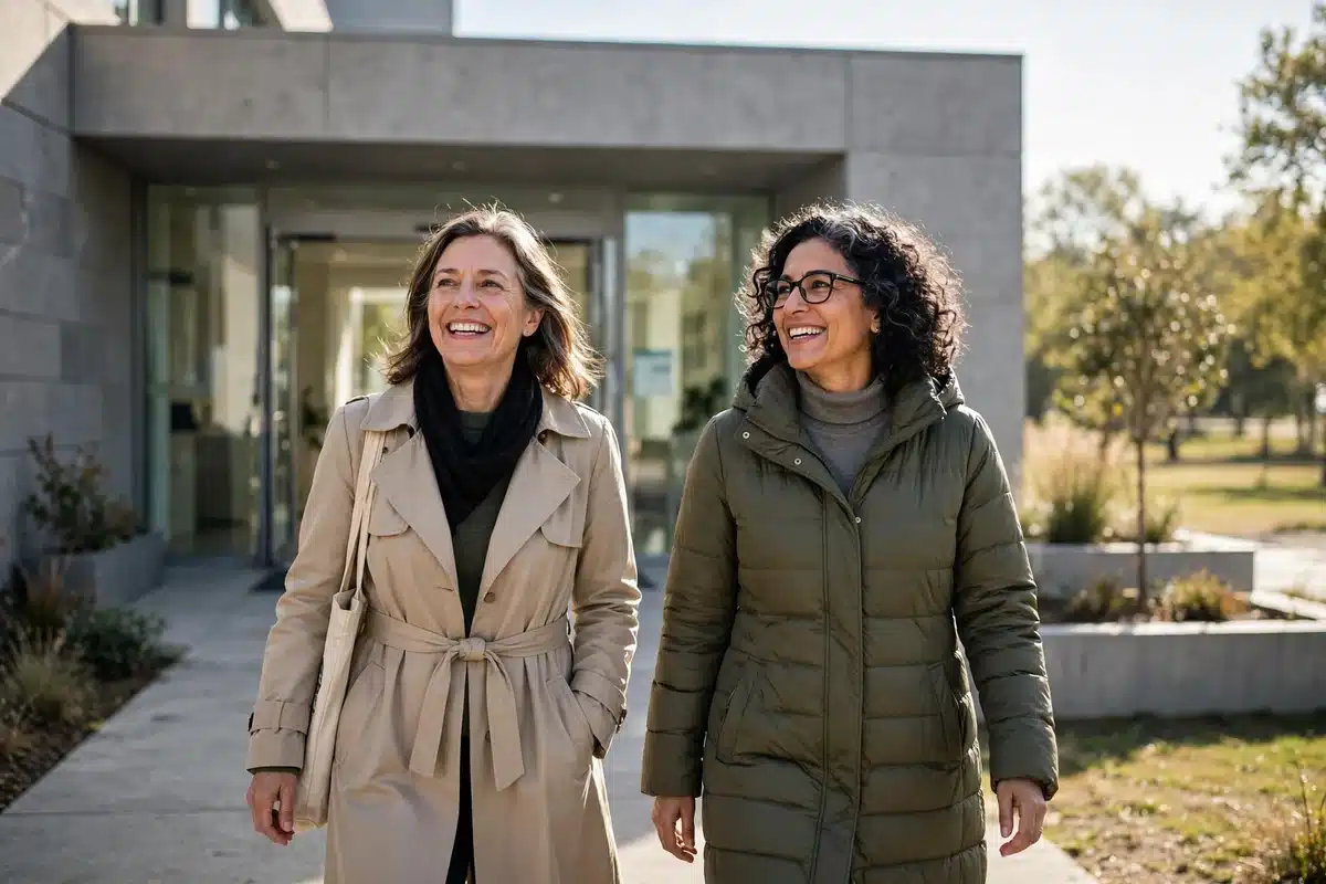 Photo of a woman and her friend walking out of a clinic together into soft sunshine after her appointment