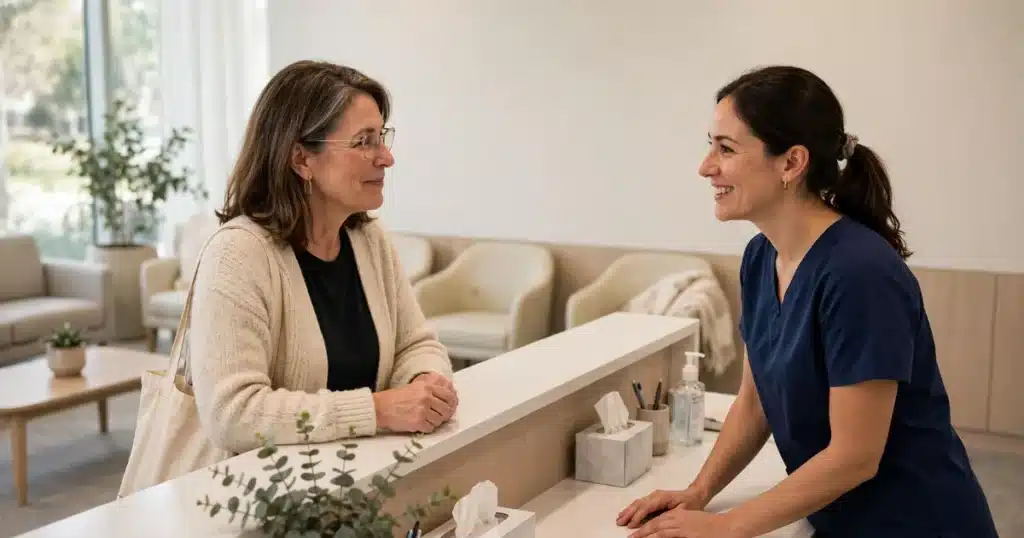 Photo of a woman checking in at the bright reception desk of a breast imaging center, greeted by a friendly staff member