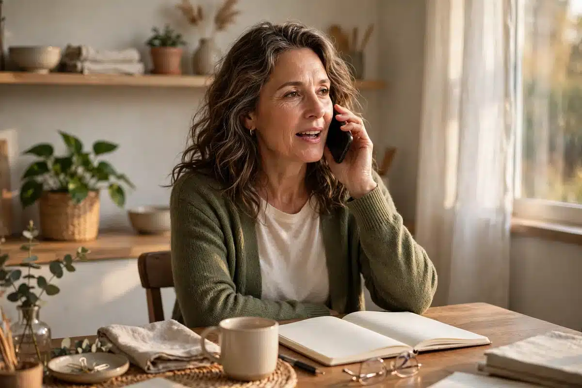 Photo of a woman talking on the phone at home with a plain notebook open in front of her, calm and organised