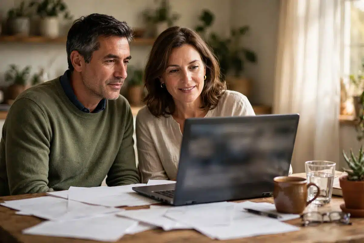 Photo of a couple sitting together at a table at home looking at a laptop screen, with plain paperwork spread between them
