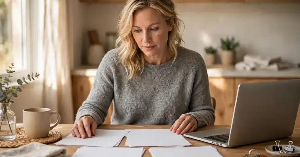 Photo of a woman in her 40s sitting at her kitchen table at home with a laptop, calmly comparing plain paperwork