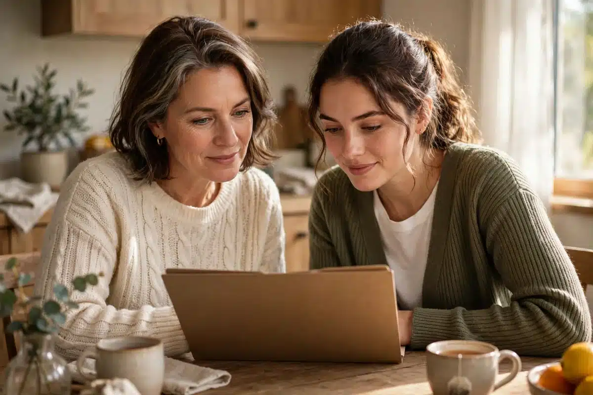 Photograph of a woman and her adult daughter looking at a folder together at a kitchen table at home