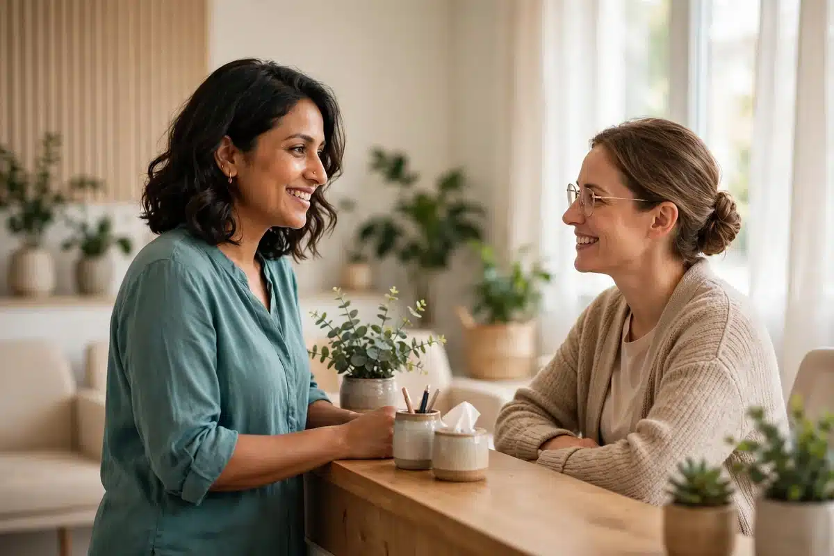 Photograph of a woman checking in at a clinic front desk, smiling as she speaks with the receptionist