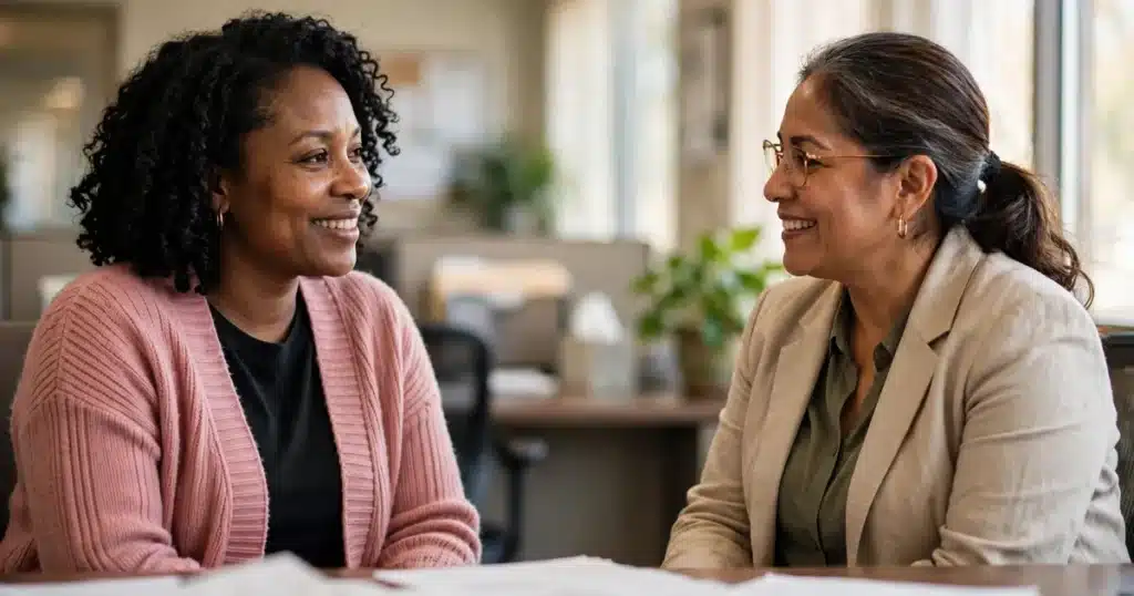 Photograph of a woman in a pink cardigan talking with a caseworker across a desk at a community services office
