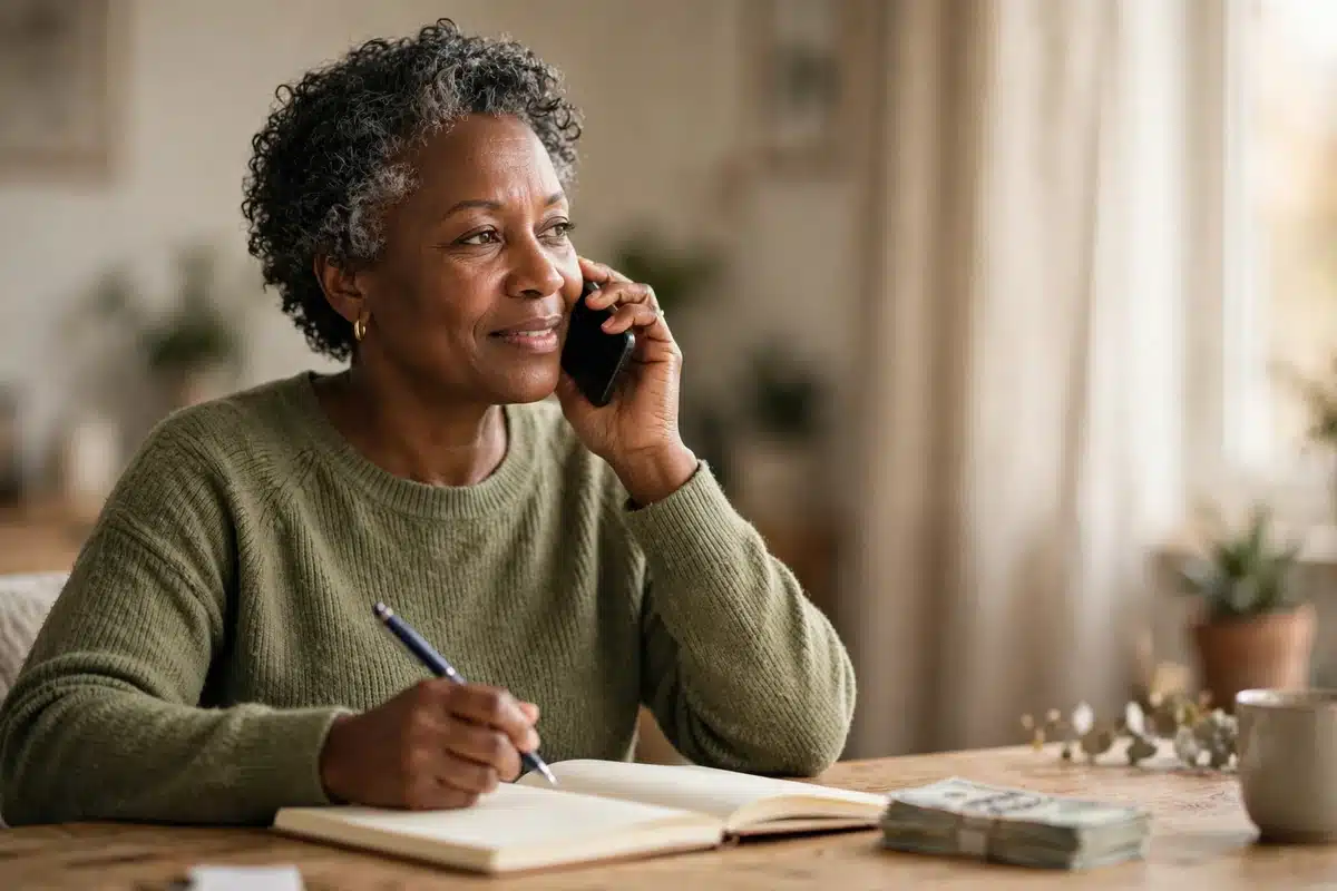 Photo of a woman talking on the phone at a desk with an open notebook, asking about a bill