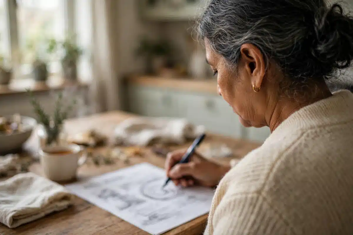 Photo of a woman circling an item on a paper bill with a pen at her kitchen table