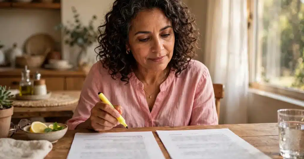 Photo of a woman in a pink blouse comparing two paper bills at a home table, highlighter in hand