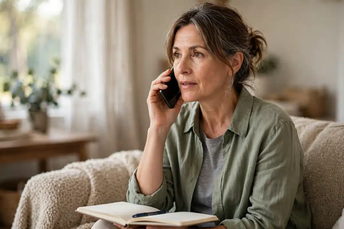 Woman in her 50s on the phone at home, taking notes in a notebook while sitting on the couch