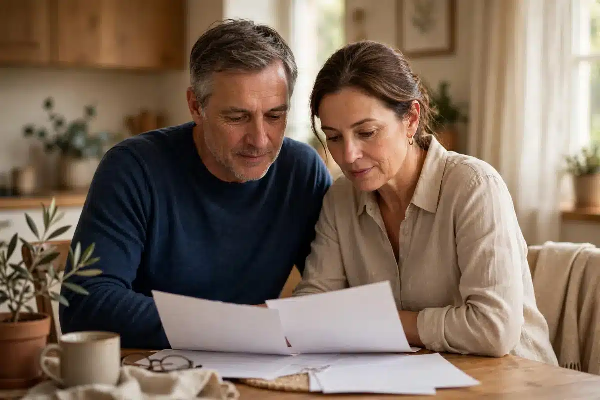 Couple in their 50s looking over paperwork together at their dining table