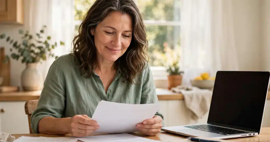 Woman in her 40s reviewing paperwork at a bright kitchen table at home with a laptop and notebook nearby
