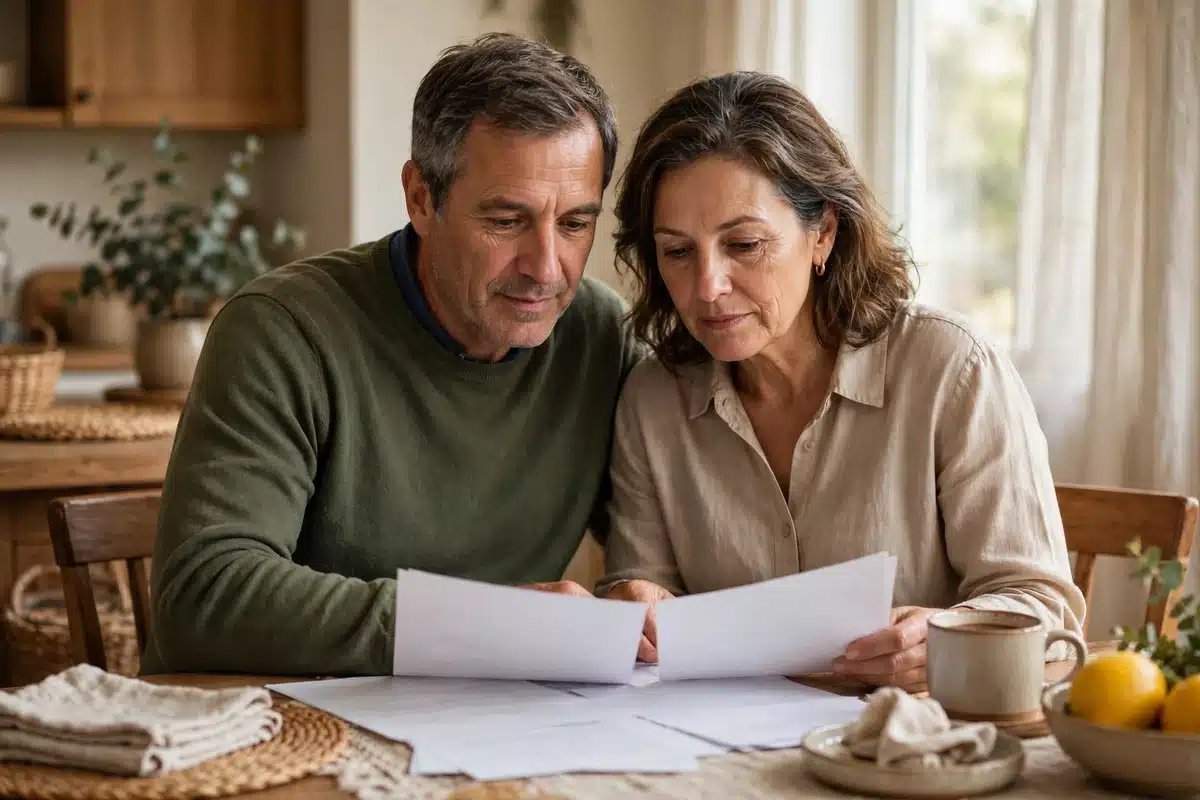 Couple reviewing paperwork together at their dining table