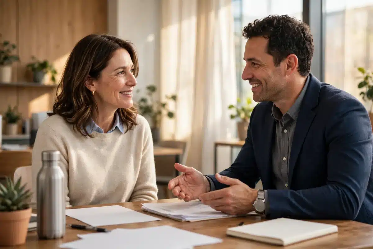 Woman talking with a financial counselor in a bright office