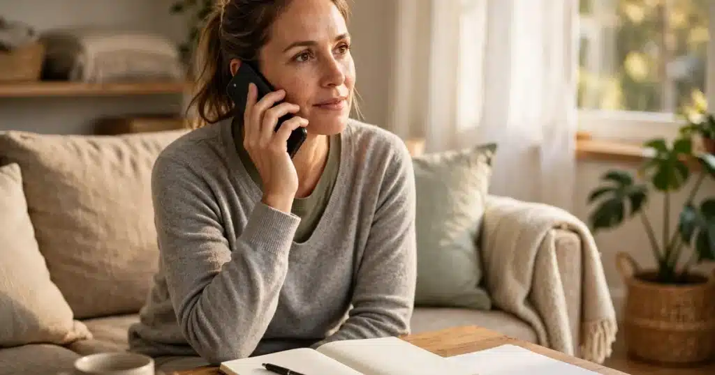 Woman at home on the phone with a hospital billing office, notebook nearby