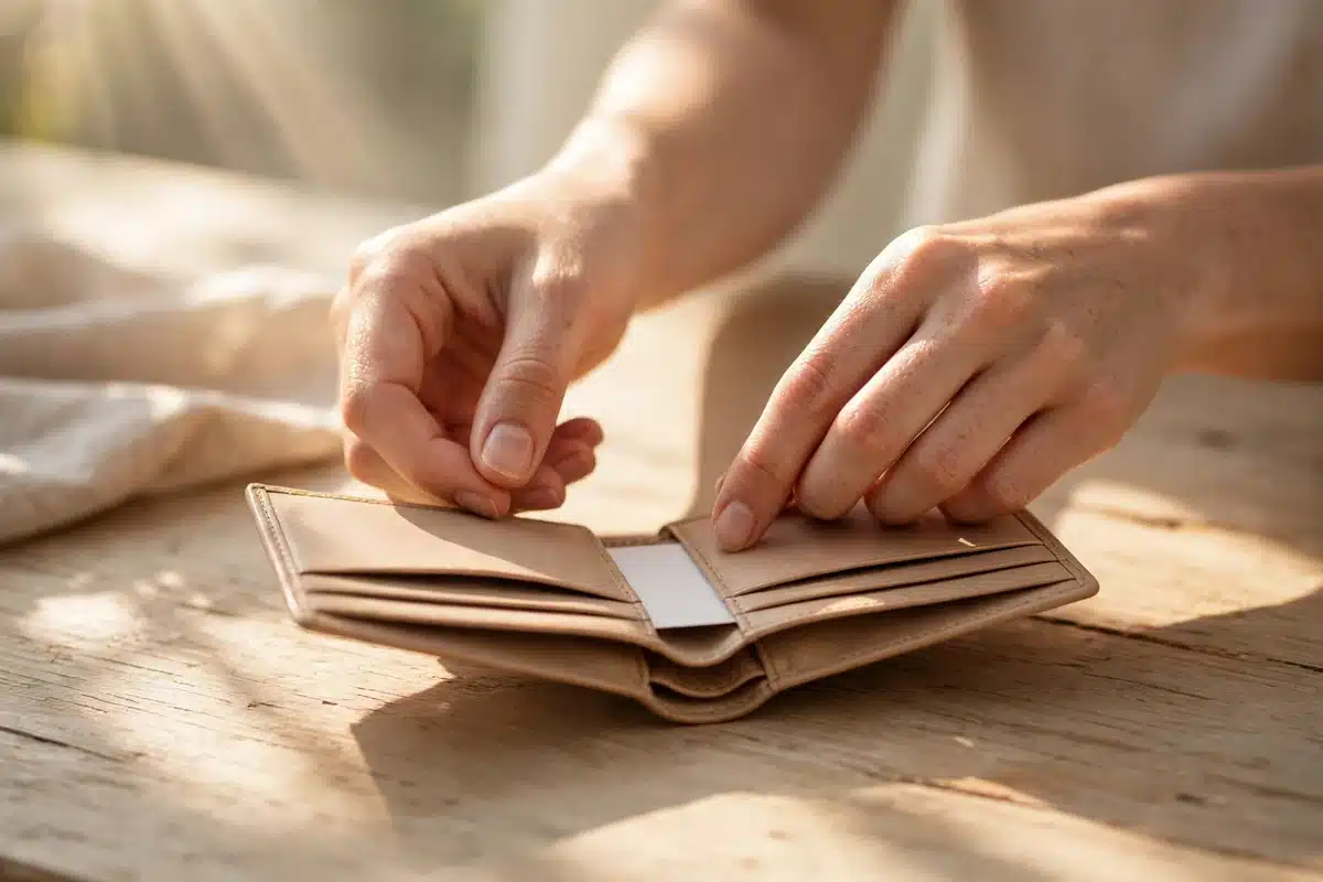 A woman placing a small emergency information card into her open wallet on a sunny wooden table, morning light streaming across the table