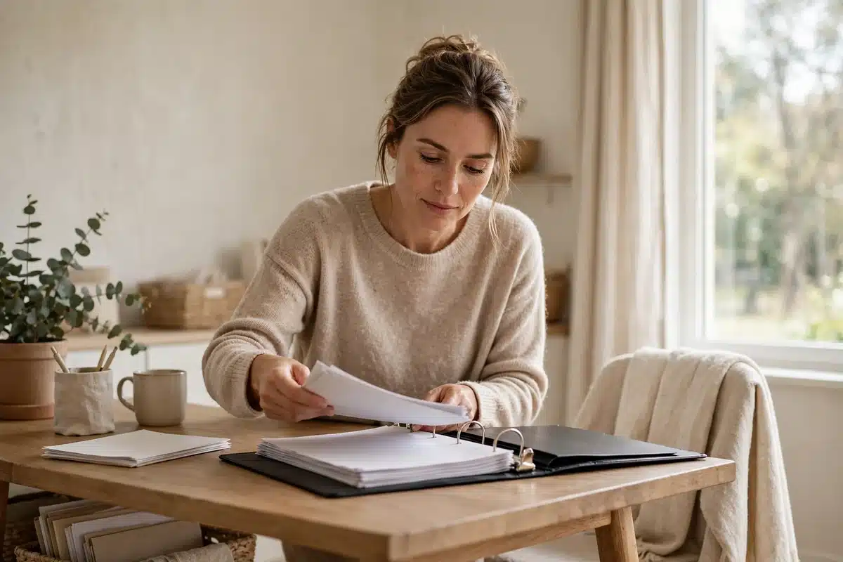 A woman organizing papers into a ring binder in a bright home office, daylight coming through a nearby window