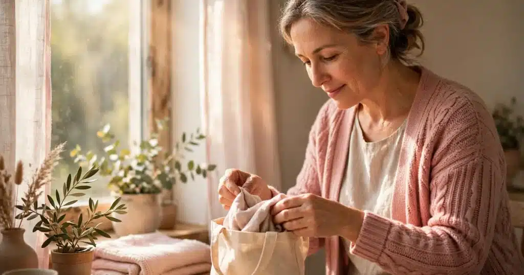 A calm woman packing a small tote bag beside a bright window in warm daylight