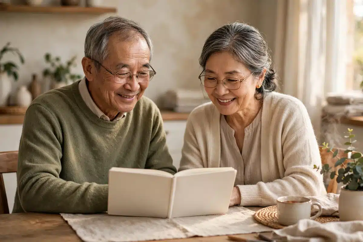 Photograph of an older couple at home looking at a notebook together as they plan at the dining table