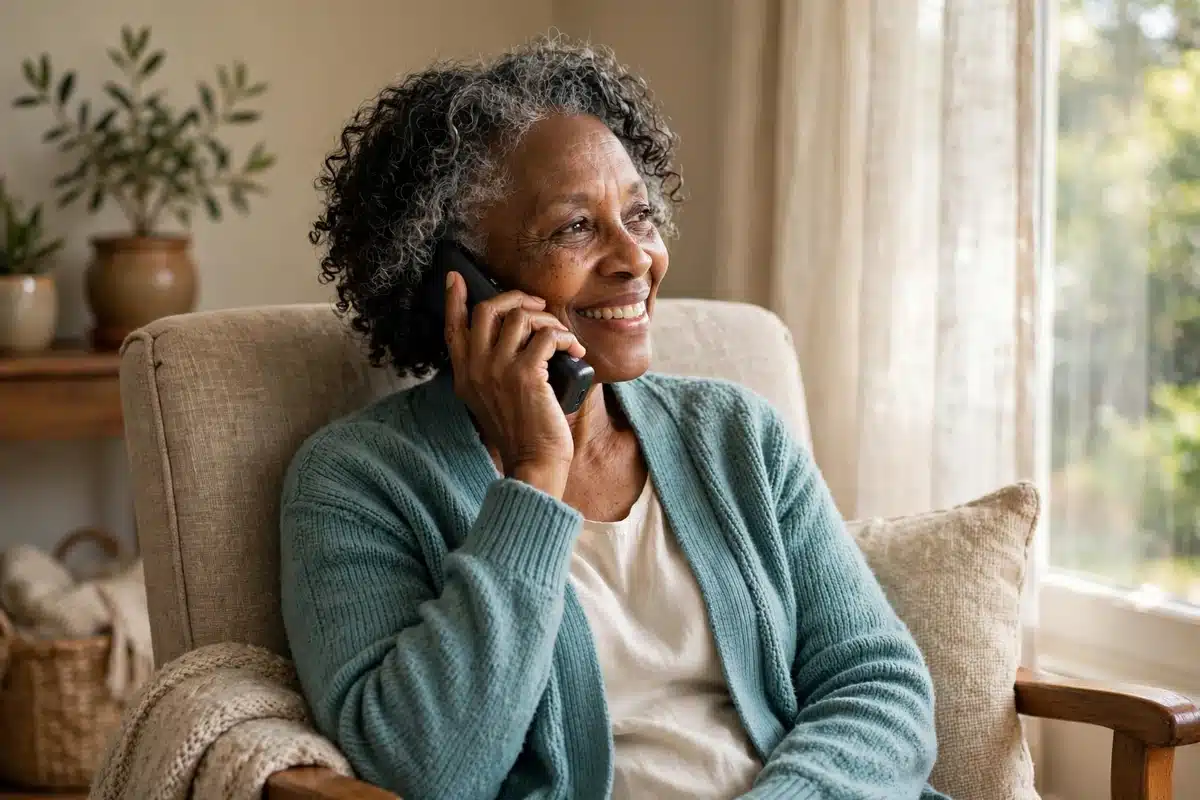 Photograph of a woman in her late sixties smiling while talking on the phone in an armchair at home